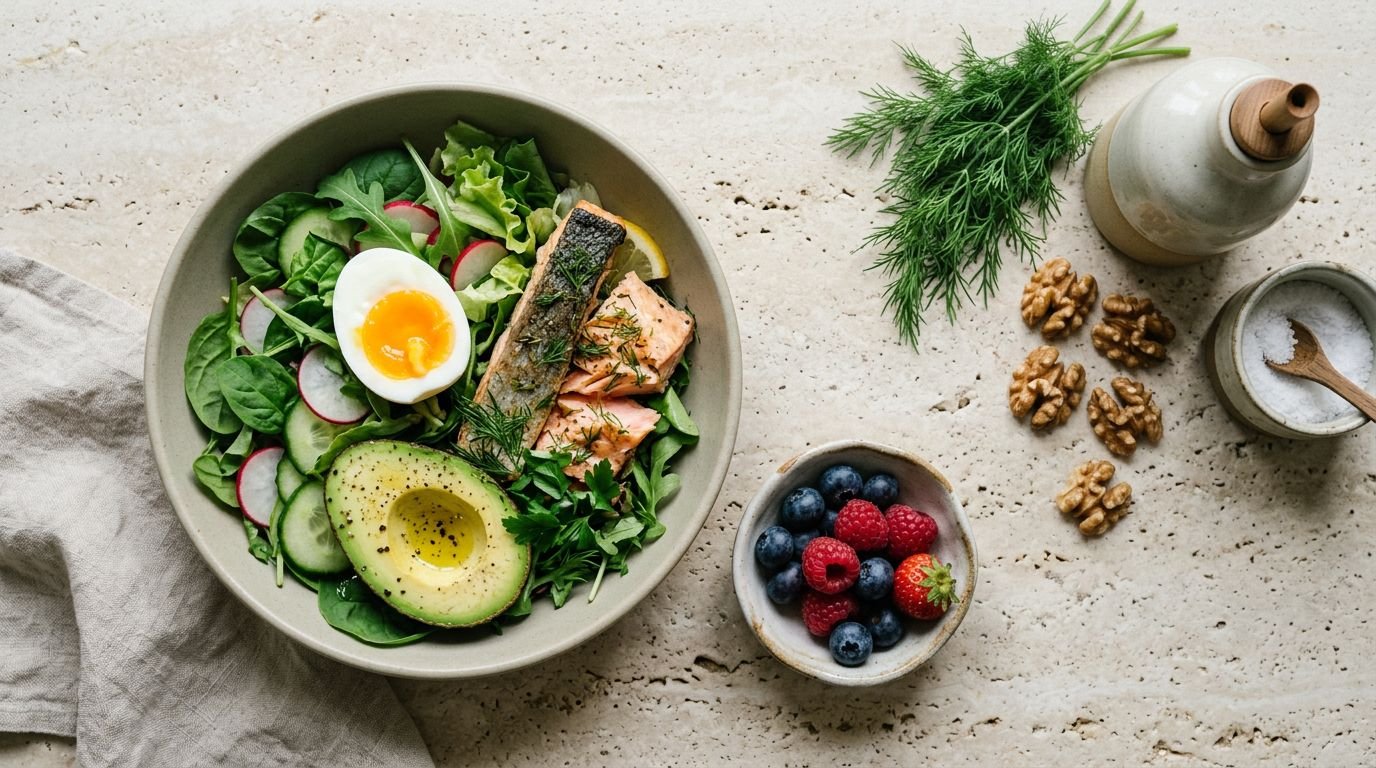 Ketogene Mahlzeit mit Gemüse, Ei, Avocado, Nüssen und Olivenöl auf einem hellen Tisch.